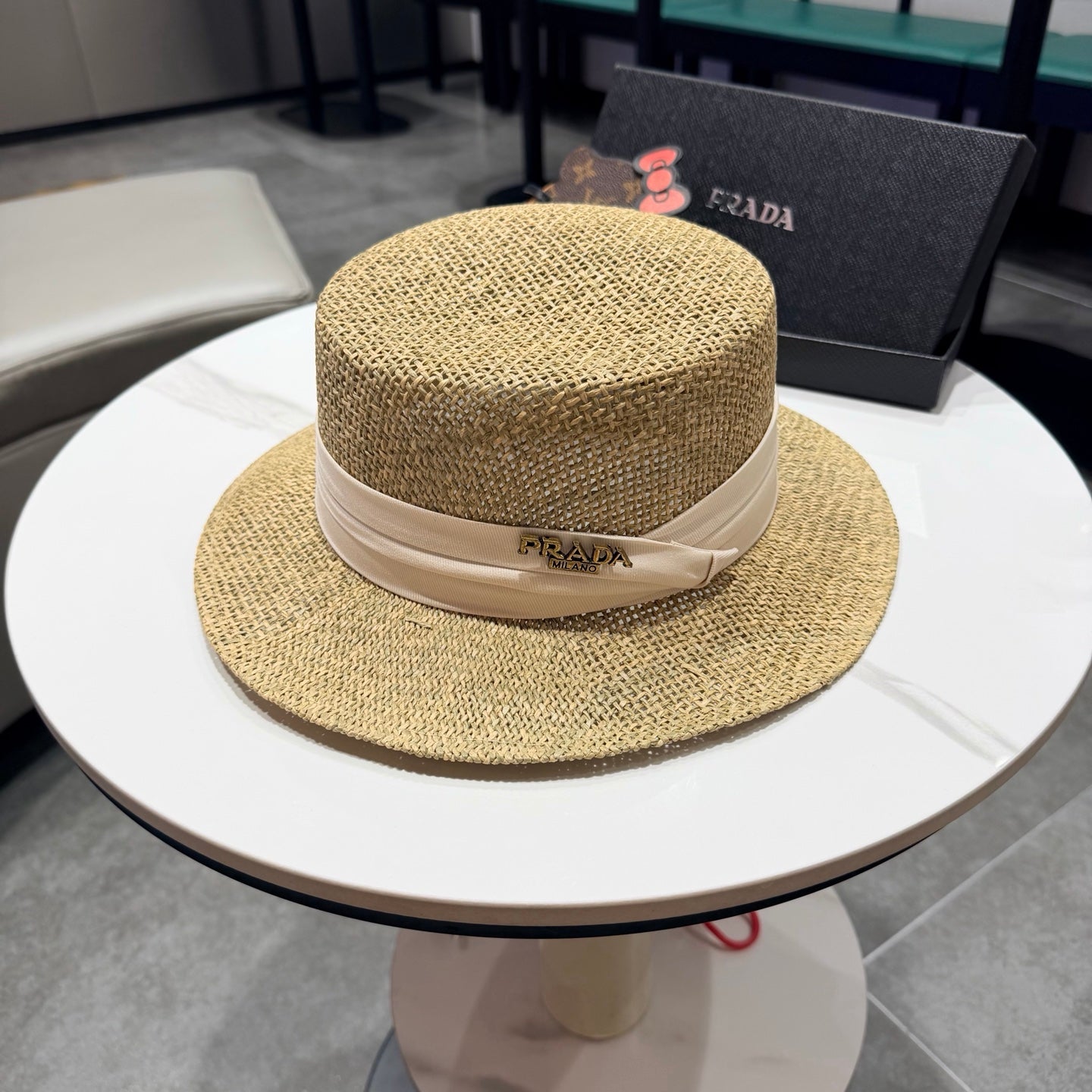 Prada Straw Woven Flat-top Hat 219138