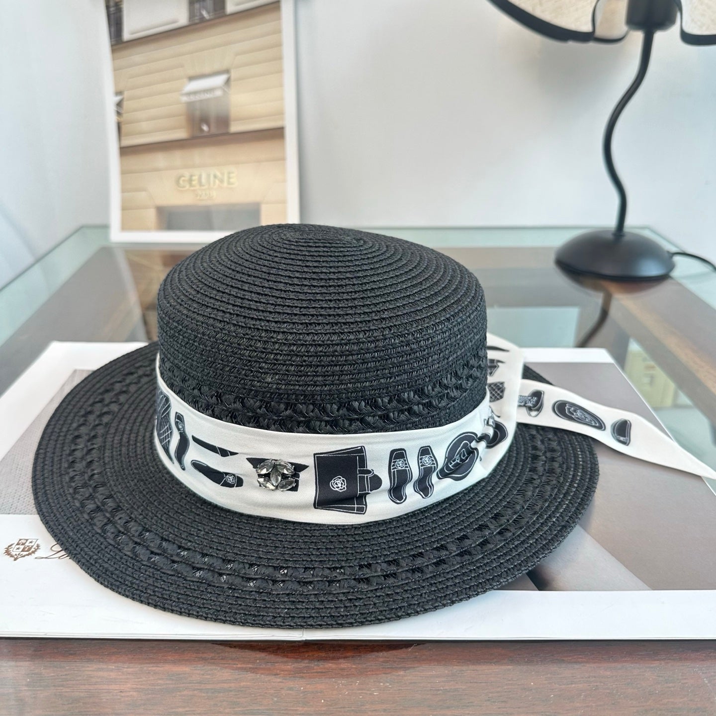 Chanel Flat-Top Straw Hat With Silk Ribbon 229106