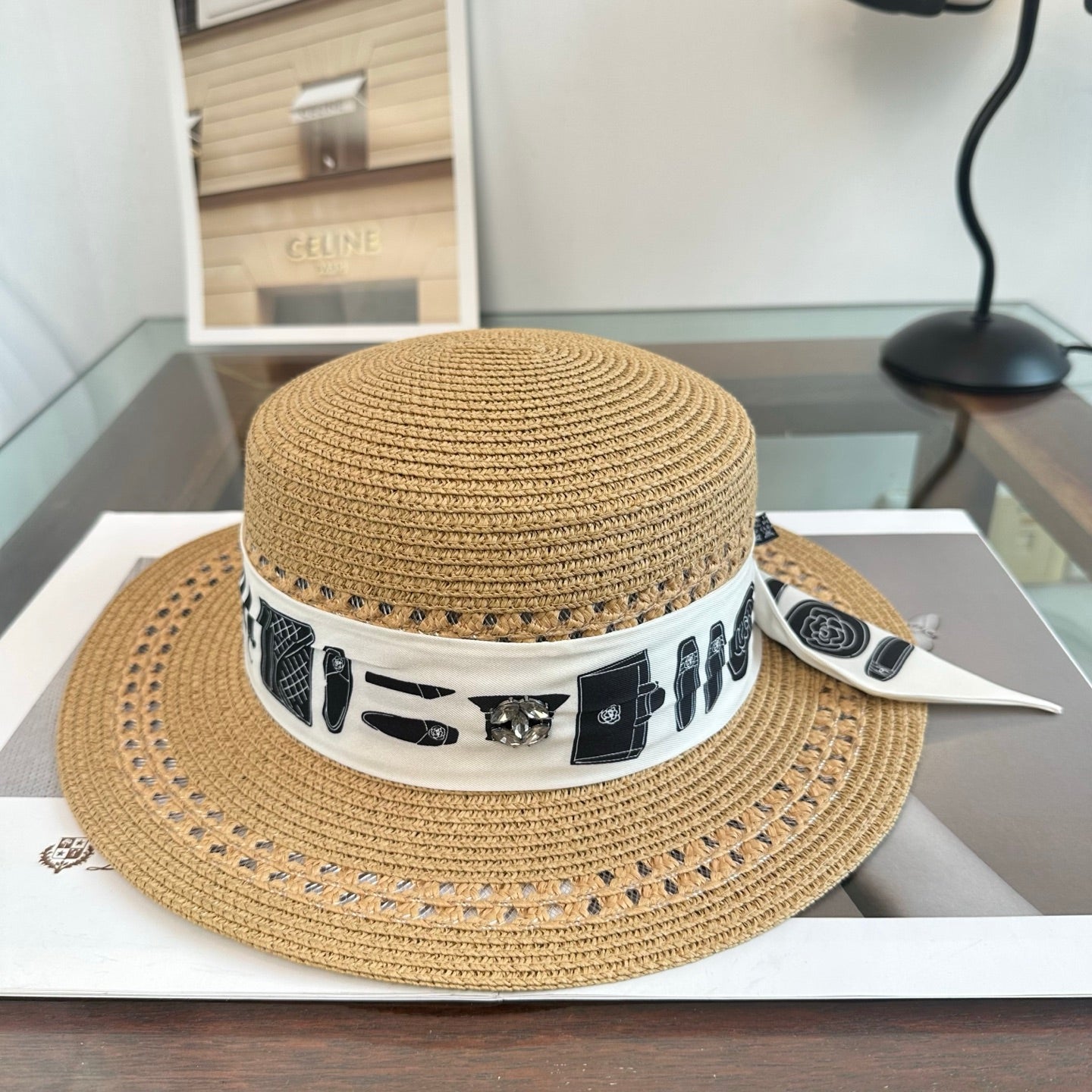Chanel Flat-Top Straw Hat With Silk Ribbon 229106