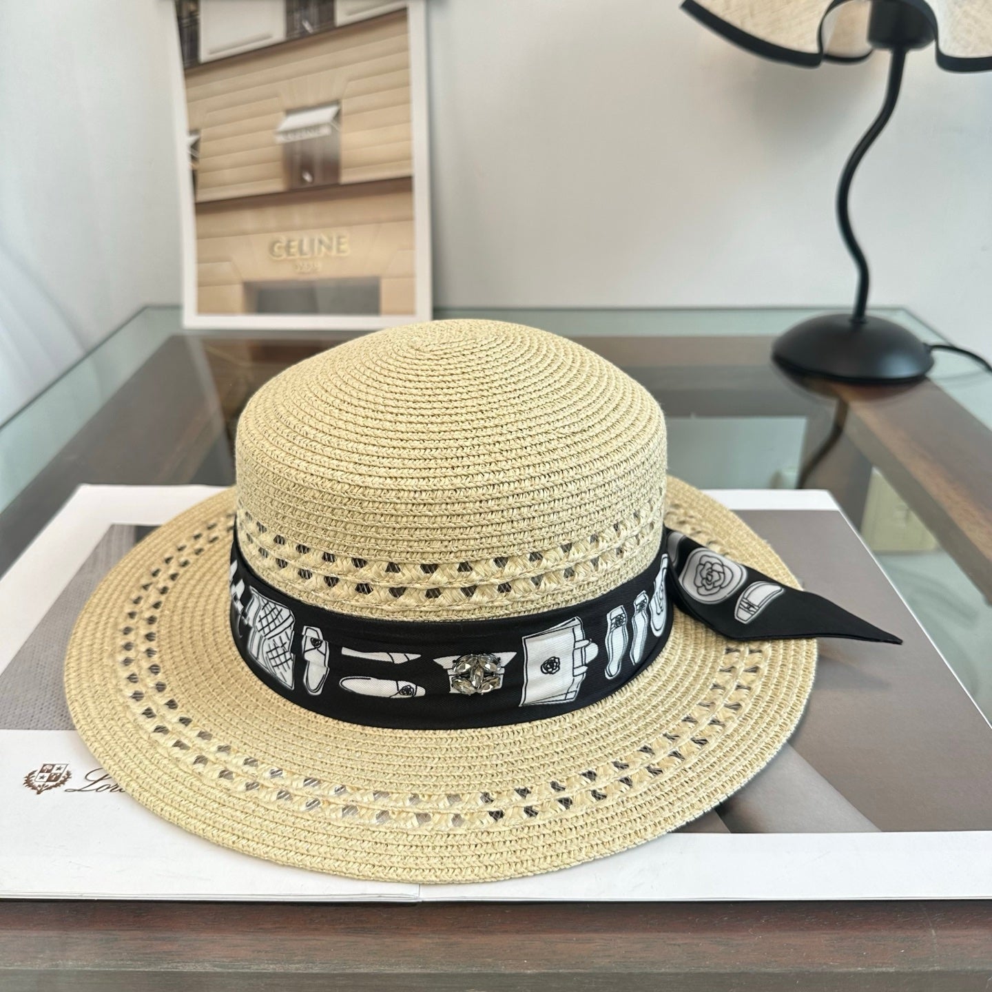 Chanel Flat-Top Straw Hat With Silk Ribbon 229106
