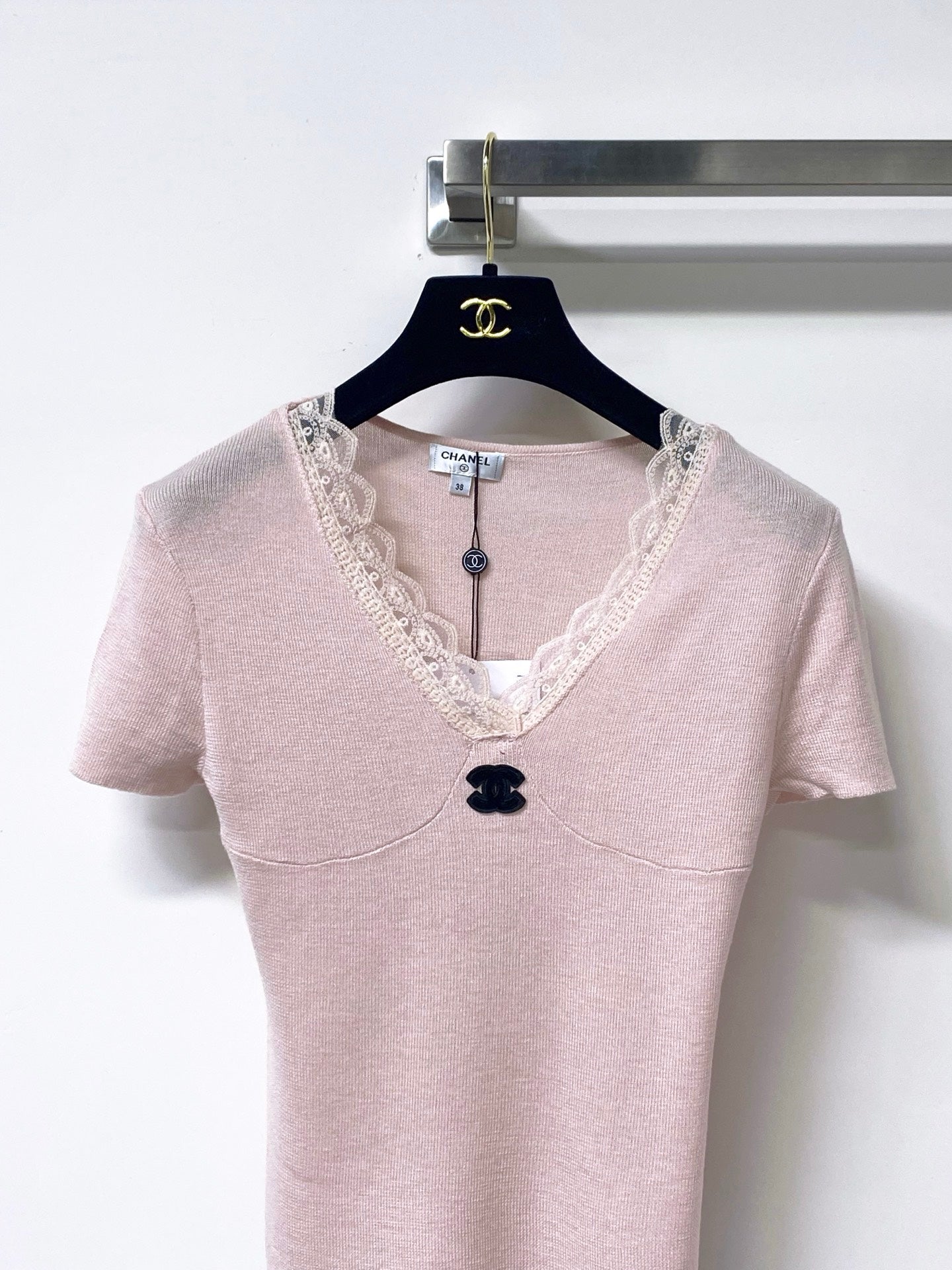 Chanel 2026 Lace V-neck Shirt Blue Pink Wool Cashmere 295236