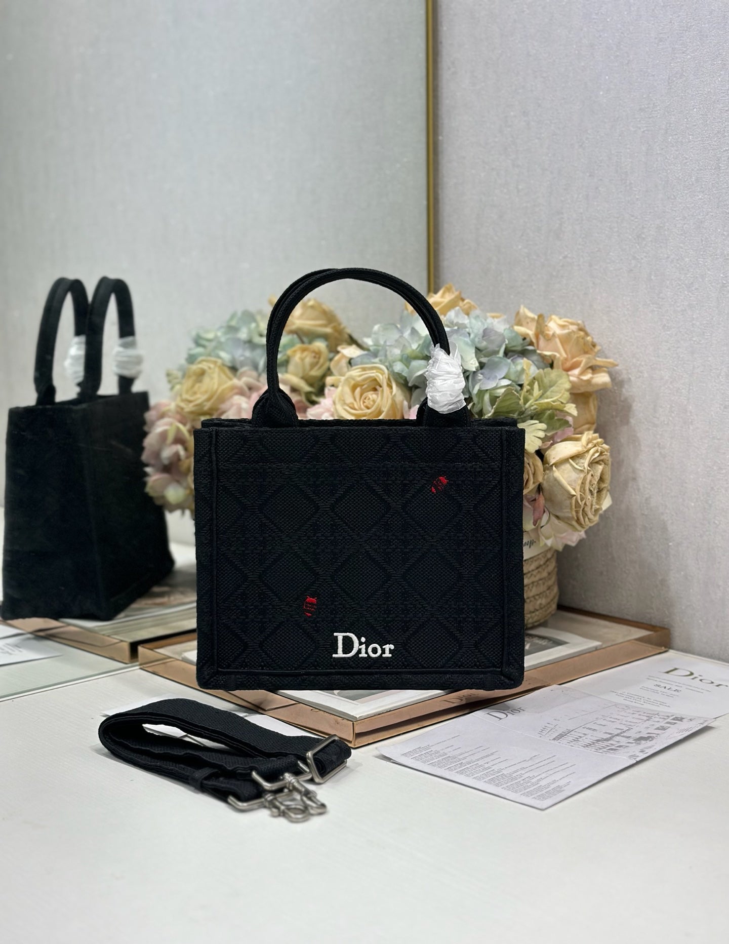 Dior 2026 Book Tote Bag With Red Beetle-shaped Embellishments Black Canvas 288481