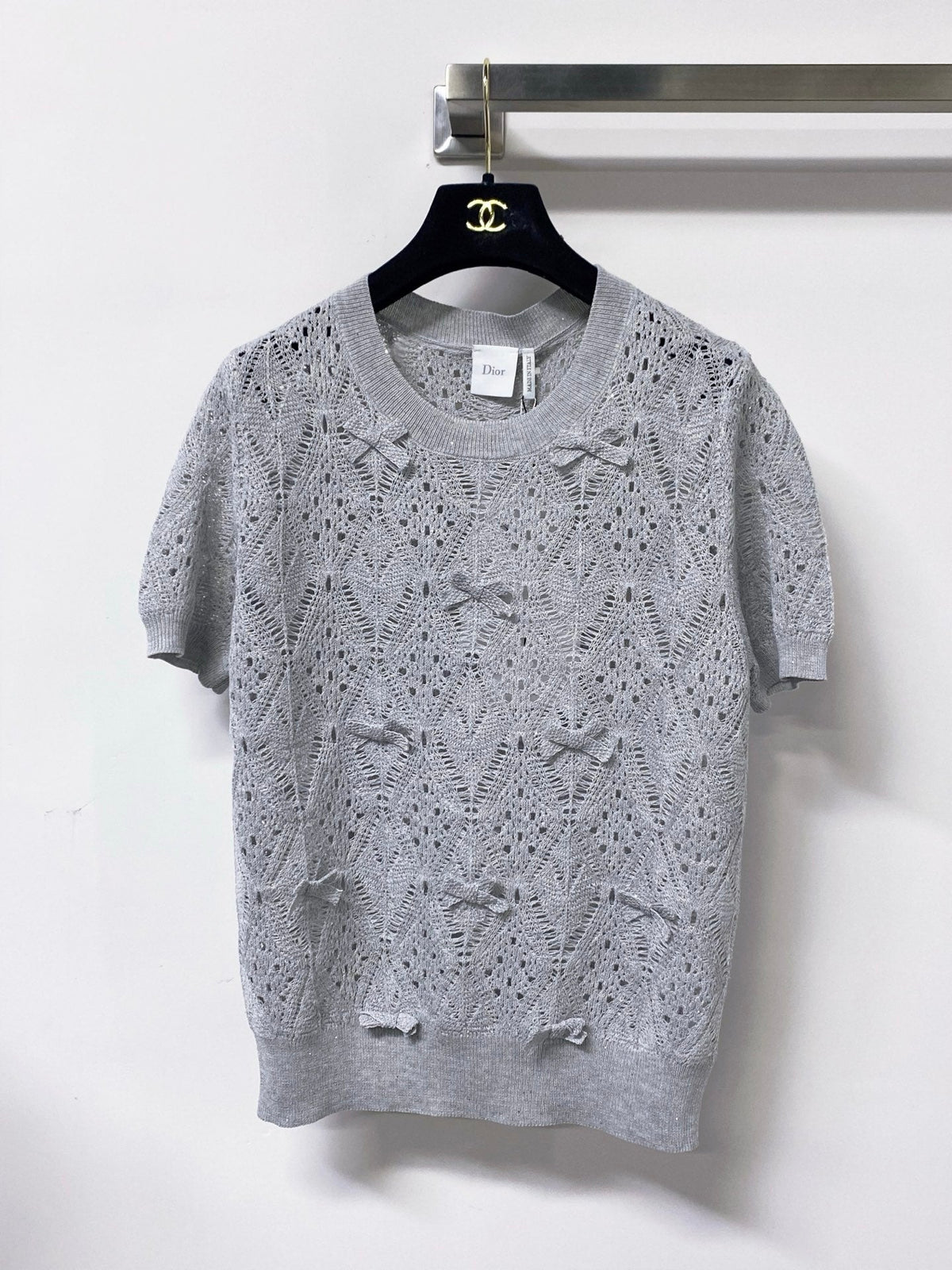 Dior 2026 Openwork Lace Knit Short-Sleeve Top Bow Details 479896