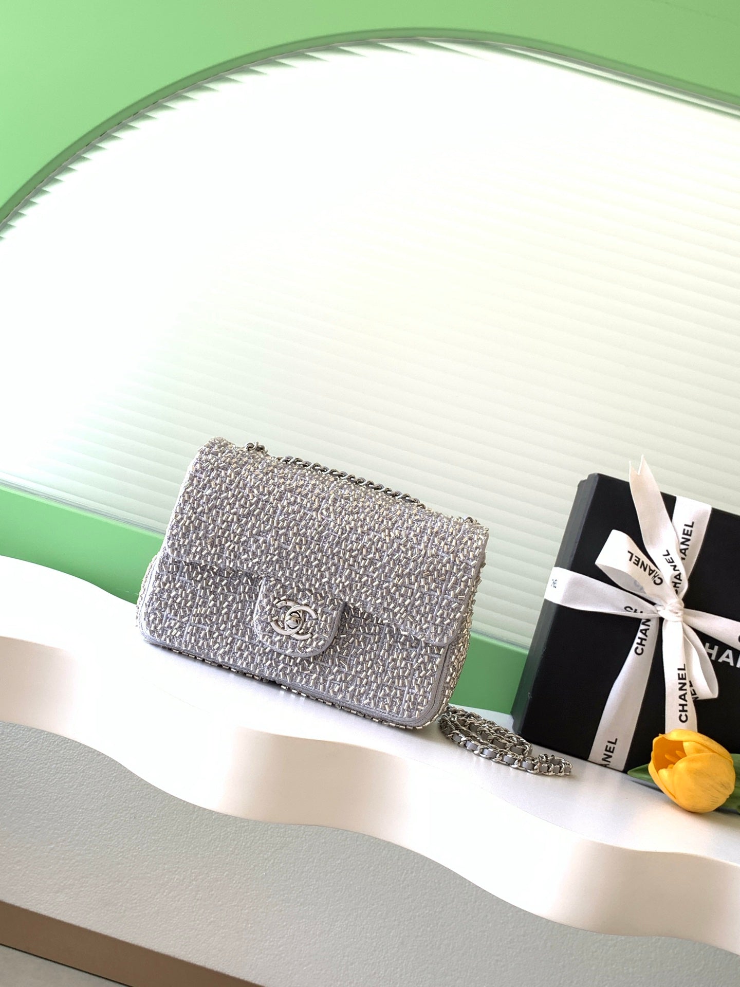 Chanel 2026 Flap Bag 21cm Tweed Leather With Tubular Beads