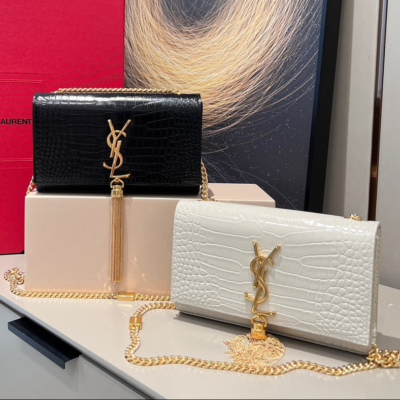 YSL 2026 Kate Bag 20cm Gold Hardware Croc-Embossed Leather