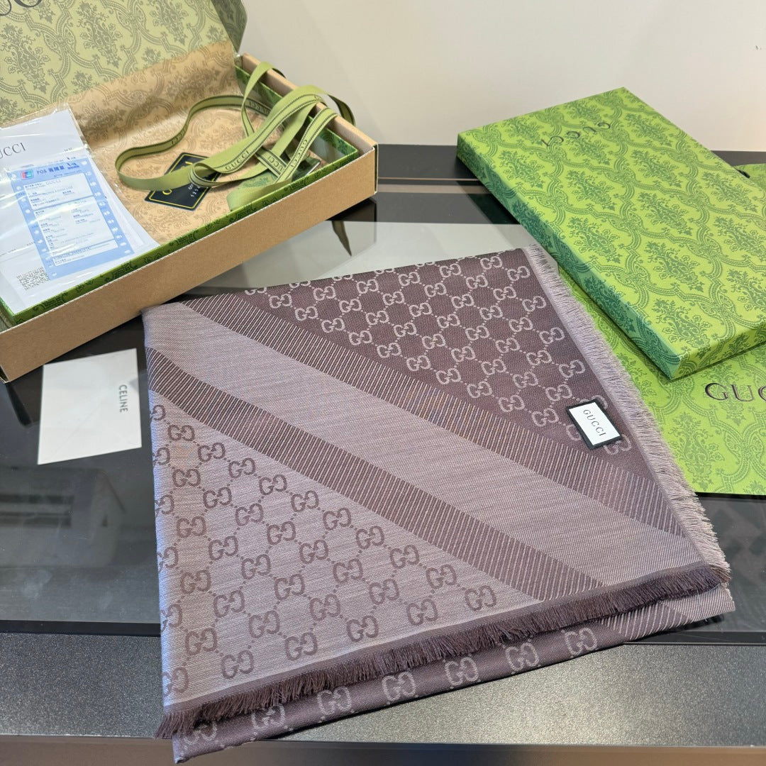 GG Scarf 140CM Taupe Twill Silk 293461