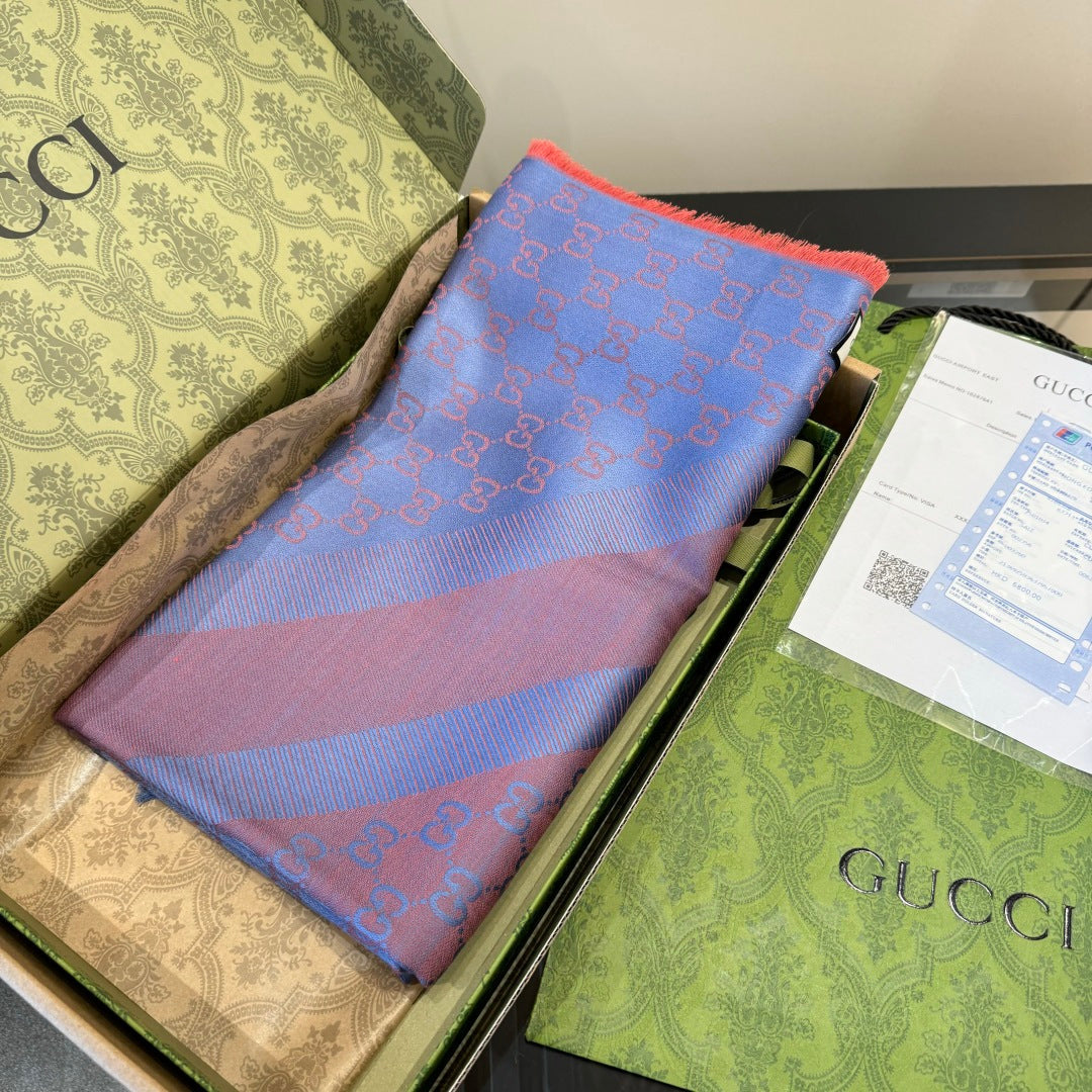 GG Scarf 140CM Blue Pink Twill Silk 293464