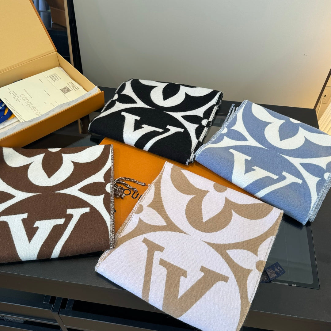 LV 25 Scarf 186cm Brown White Wool 293487