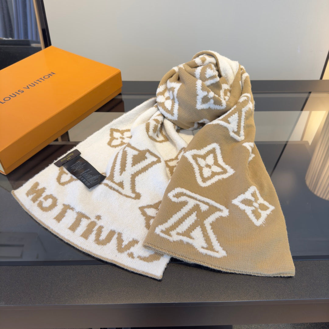 LV 25 Scarf 186cm Beige White Wool 293489