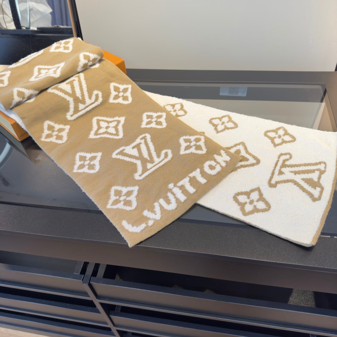 LV 25 Scarf 186cm Beige White Wool 293489