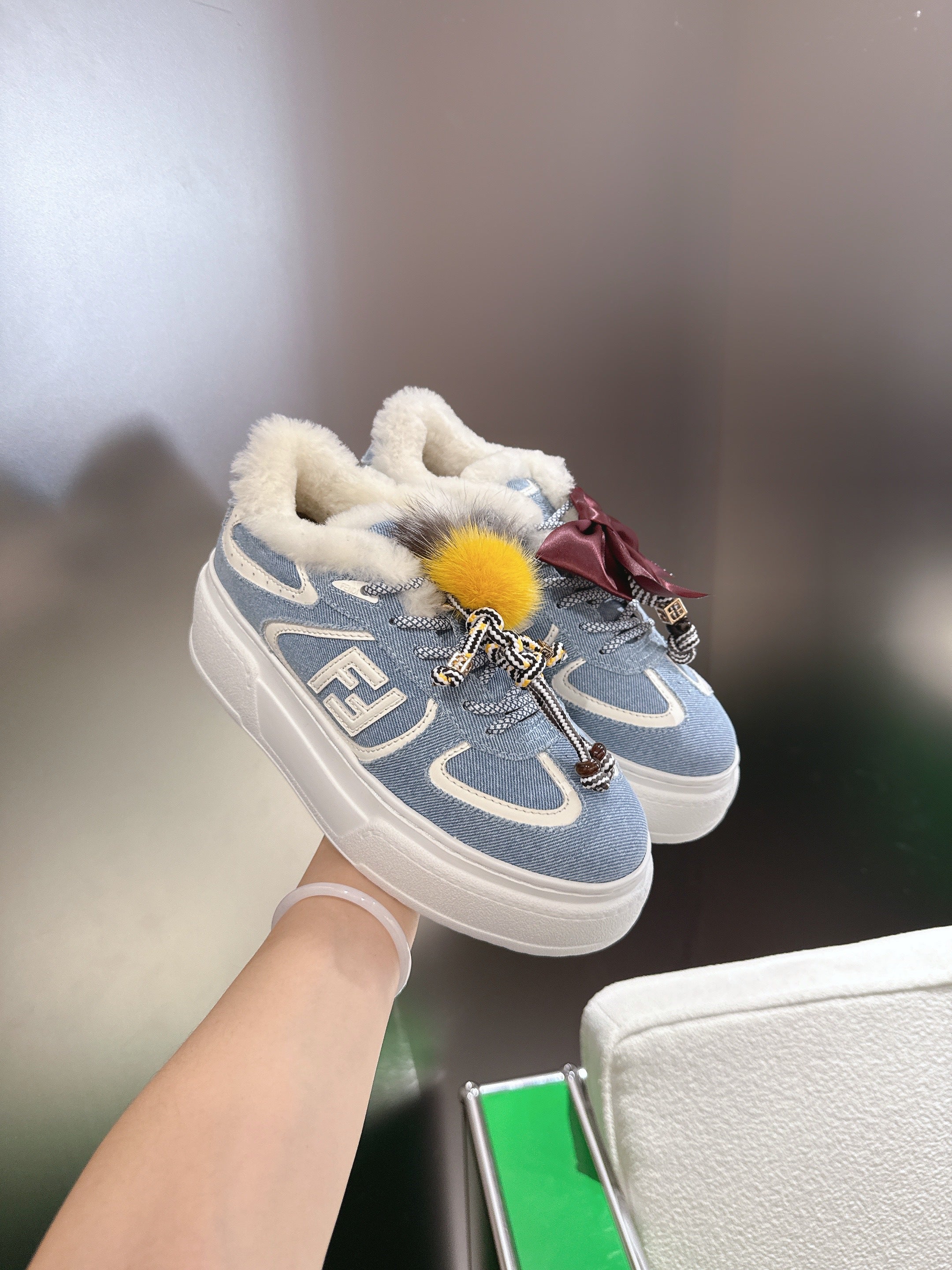 Fendi 2025 Match Platform Sneakers Blue White Denim Fabric Wool 562583