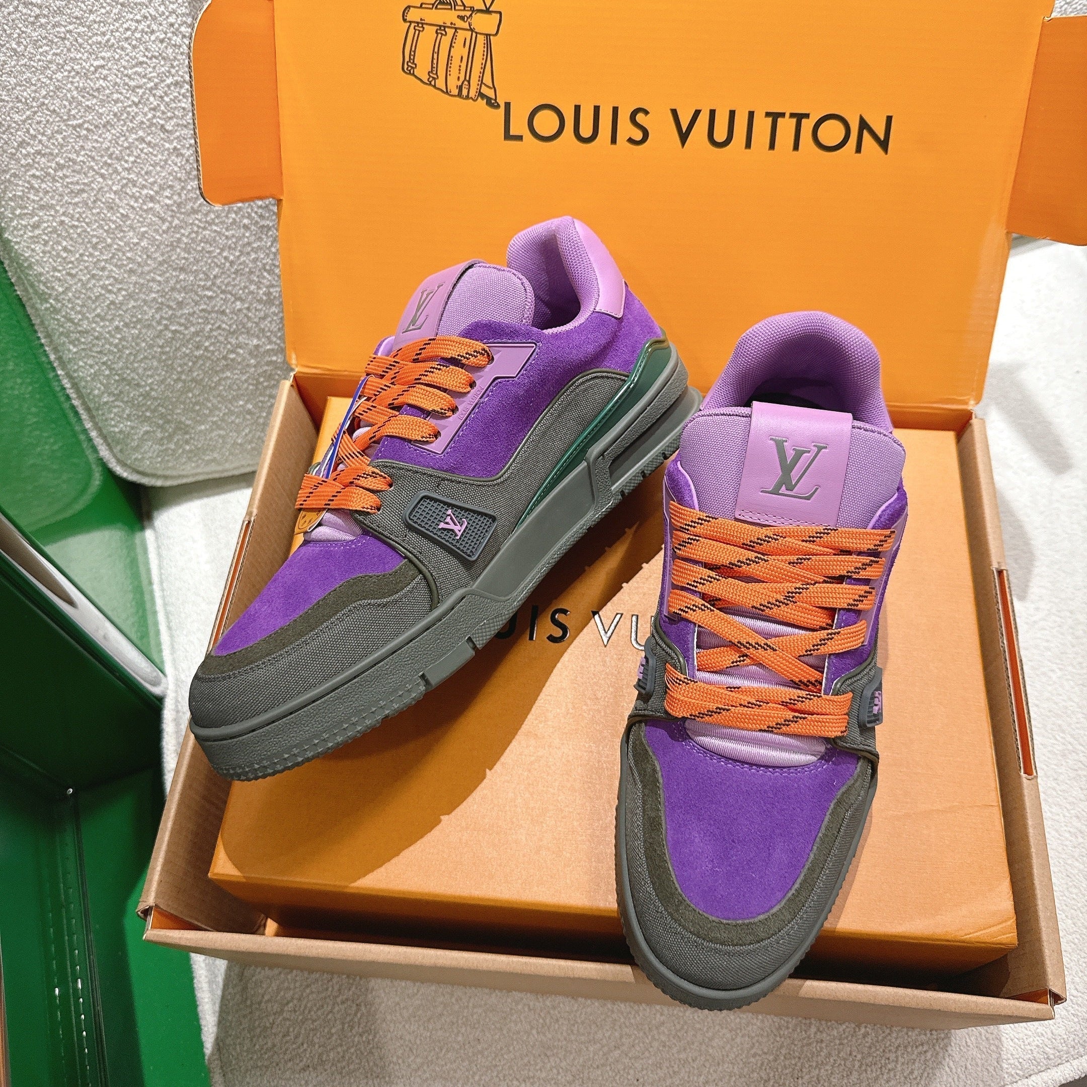 LV 26ss Trainer Sneakers Purple Olive Green Cowhide 632151