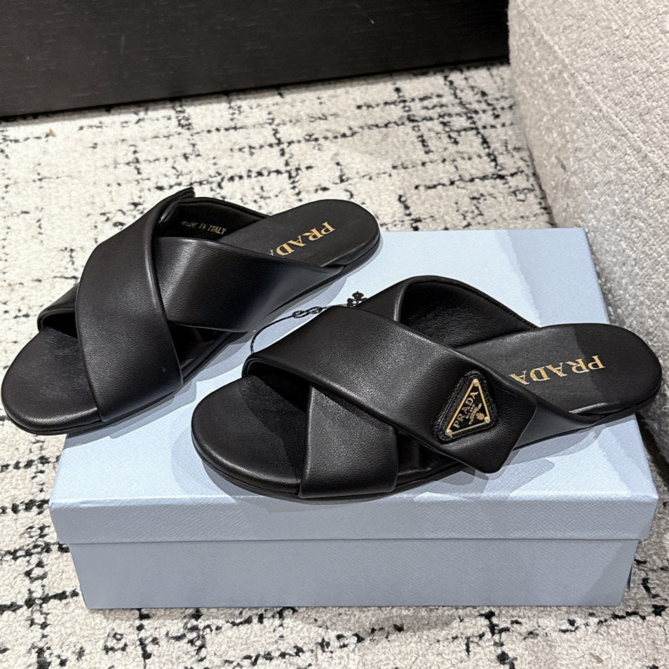 Prada 25 Cross-band Flat Slippers Black Cowhide 301737