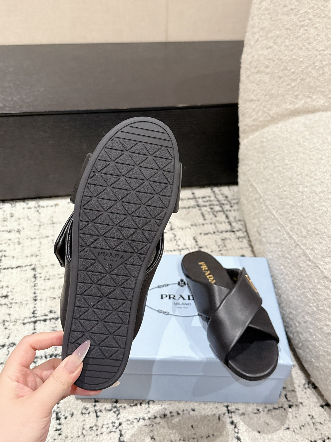 Prada 25 Cross-band Flat Slippers Black Cowhide 301737