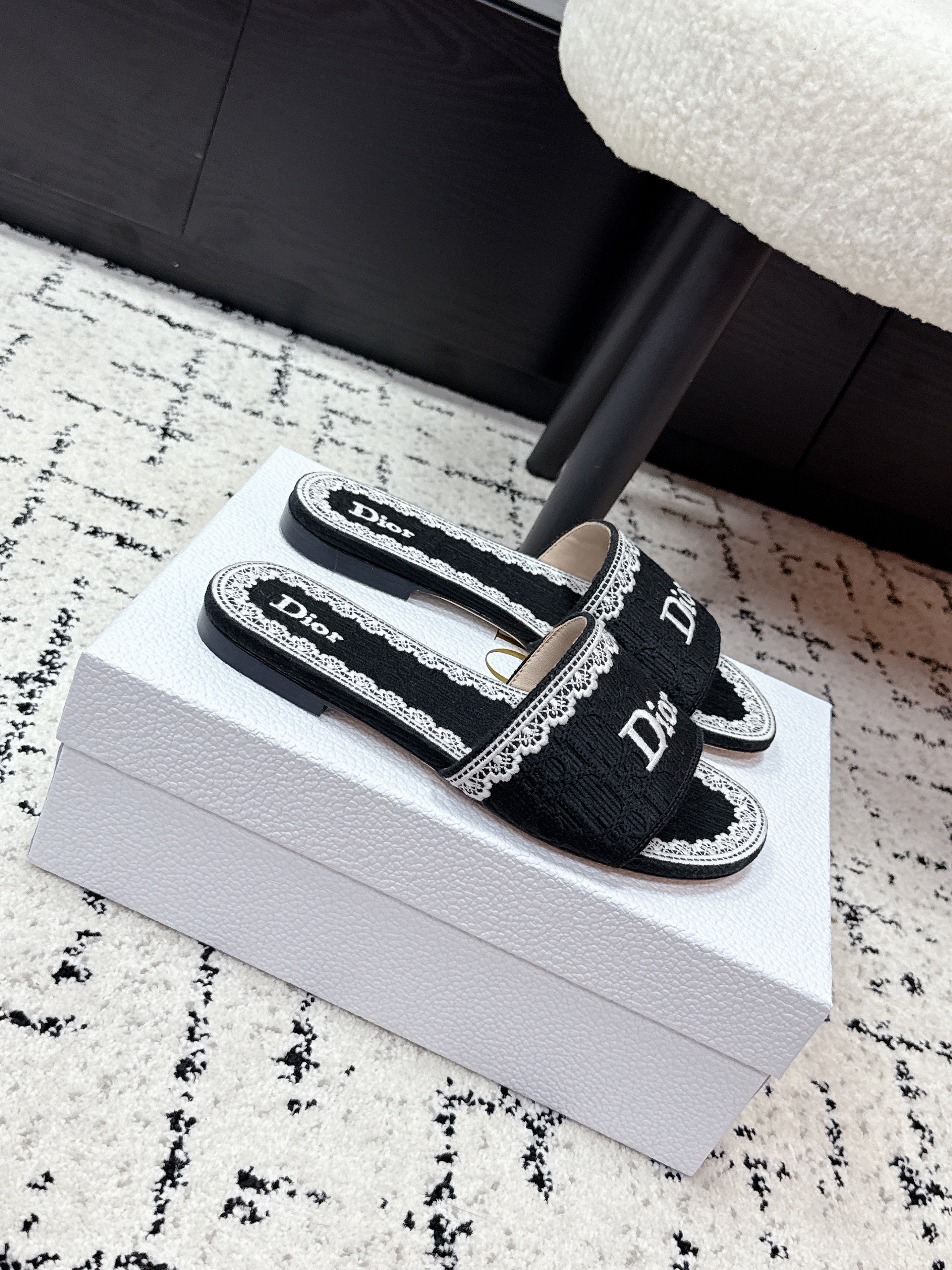 CD 26 Embroidered Slippers Black Canvas 617083
