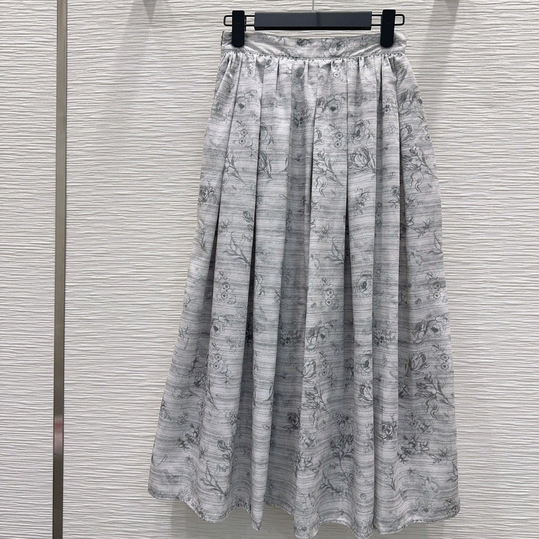 Dior 2026 Printed Pleated Skirt White Gray Polyester