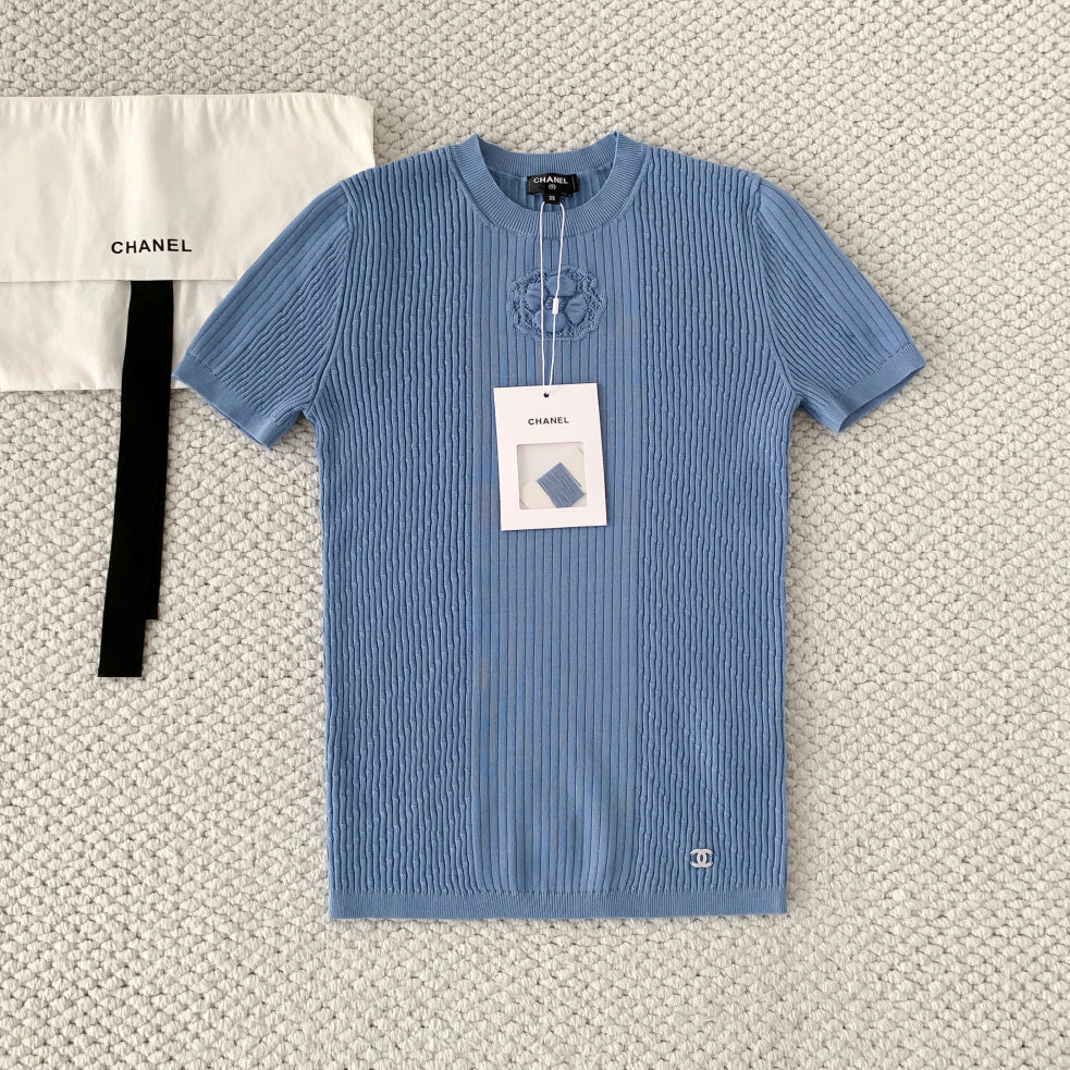 Chanel 2026 Logo Knit Short-Sleeve T-Shirt Blue Cotton 356628