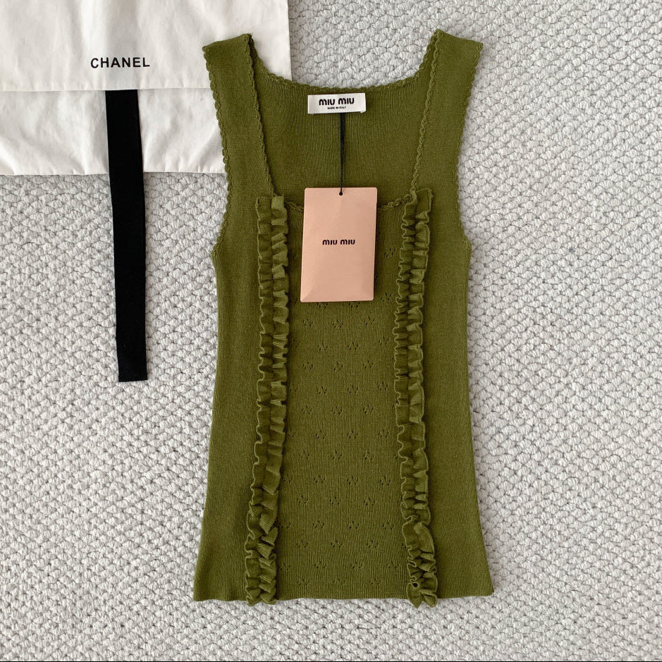 Miumiu 2026 Ruffled Knitted Vest Green Cashmere and Silk Blend 380635