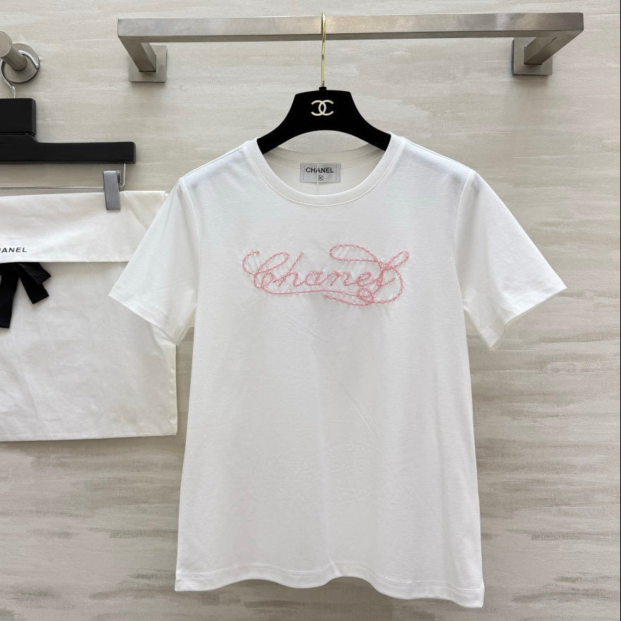 Chanel 2026 Pink and White Embroidered Chanel-Style T-Shirt Cotton 377543
