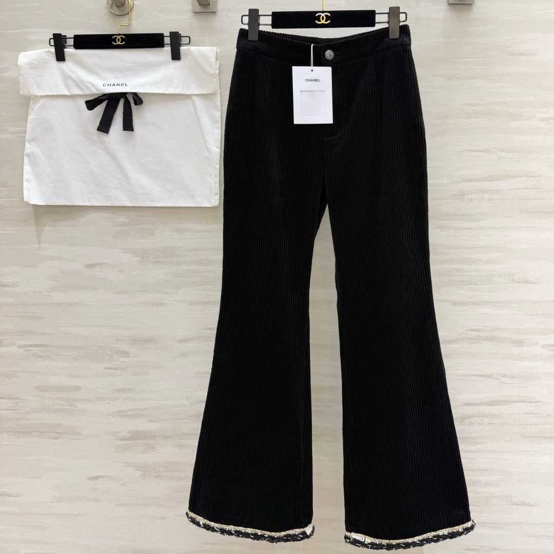 Chanel 2026 Corduroy Flared Pants Black Velvet Fabric 377401