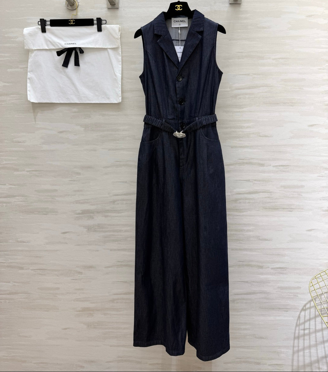 Chanel 2026 Clingy Sleeveless Denim Jumpsuit Blue Cotton 377394