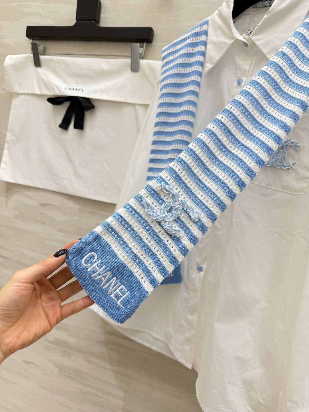 Chanel 2026 White Shirt and Blue Striped Shawl Set Cotton 391161