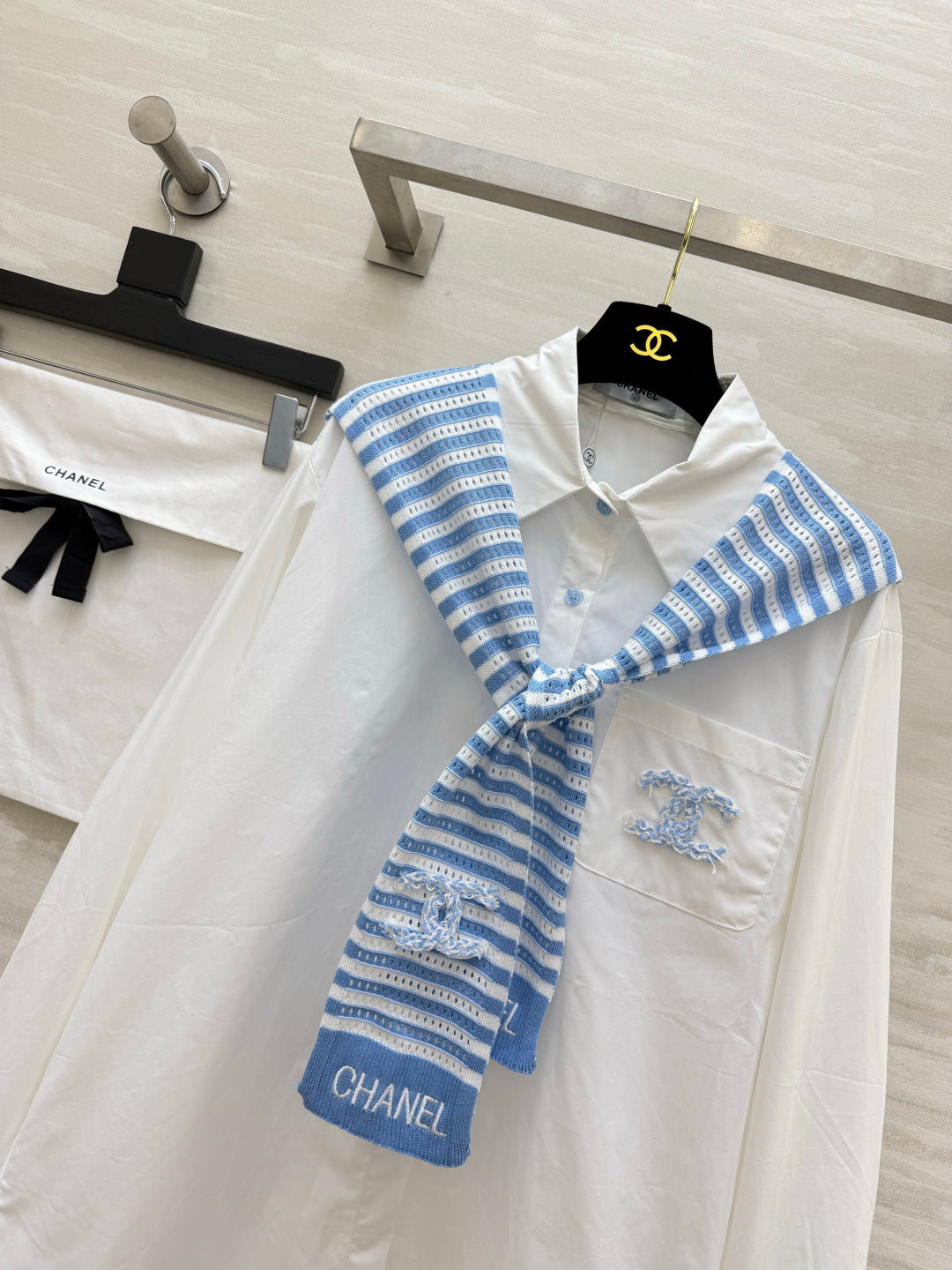 Chanel 2026 White Shirt and Blue Striped Shawl Set Cotton 391161