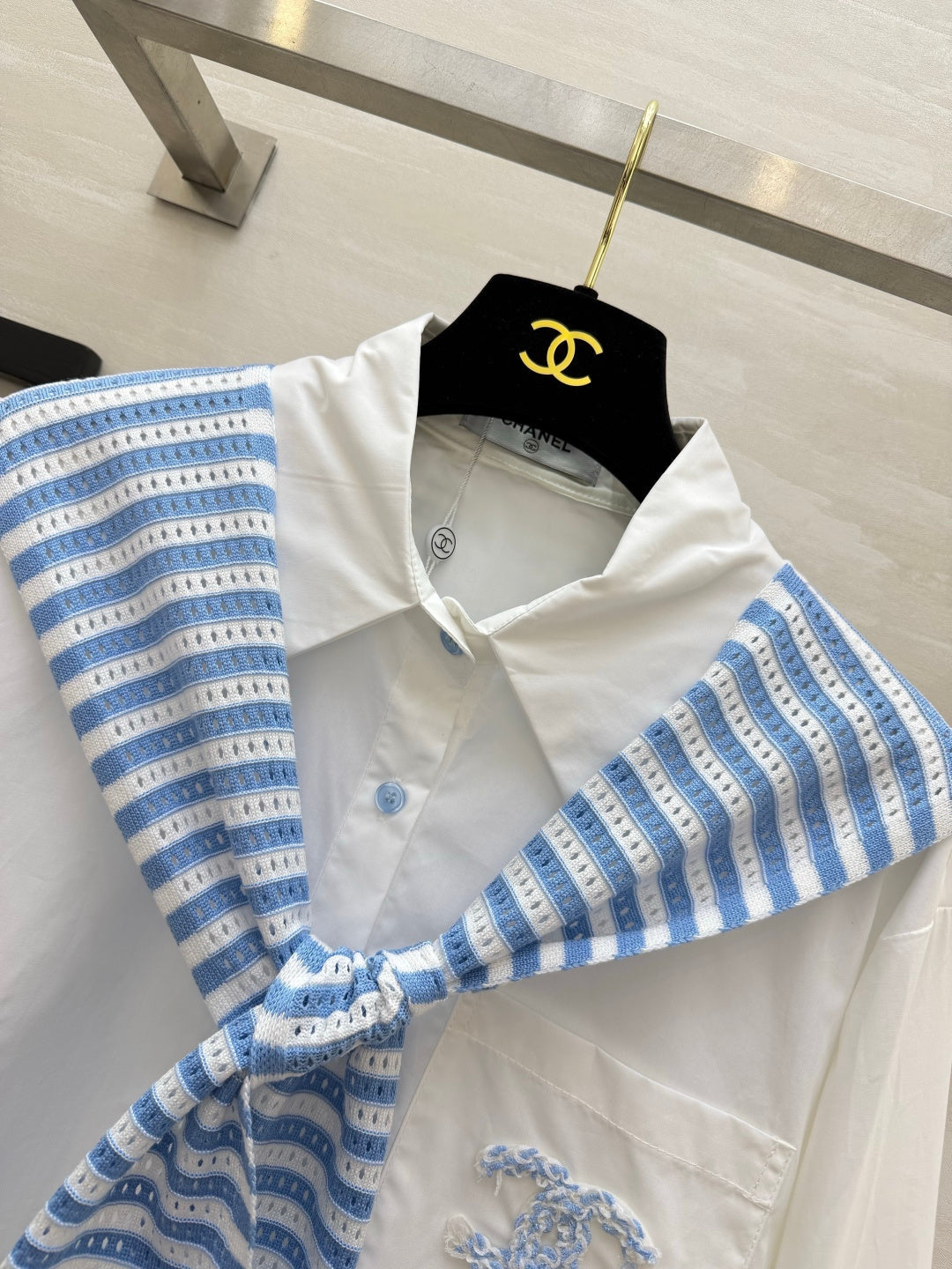 Chanel 2026 White Shirt and Blue Striped Shawl Set Cotton 391161