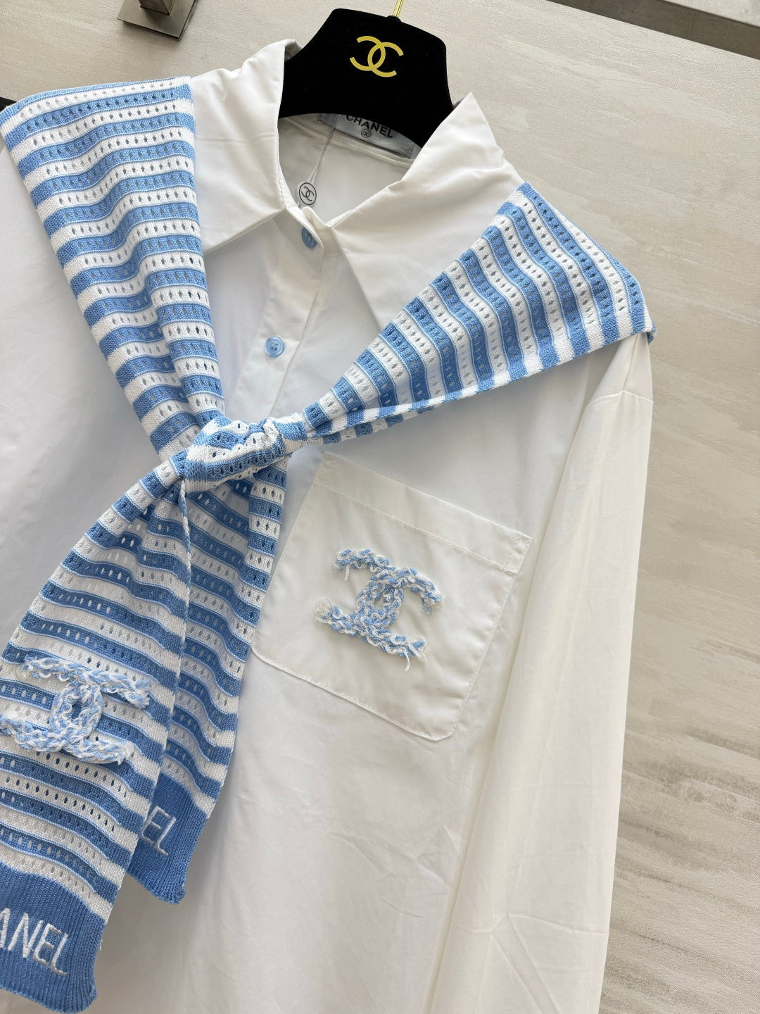 Chanel 2026 White Shirt and Blue Striped Shawl Set Cotton 391161