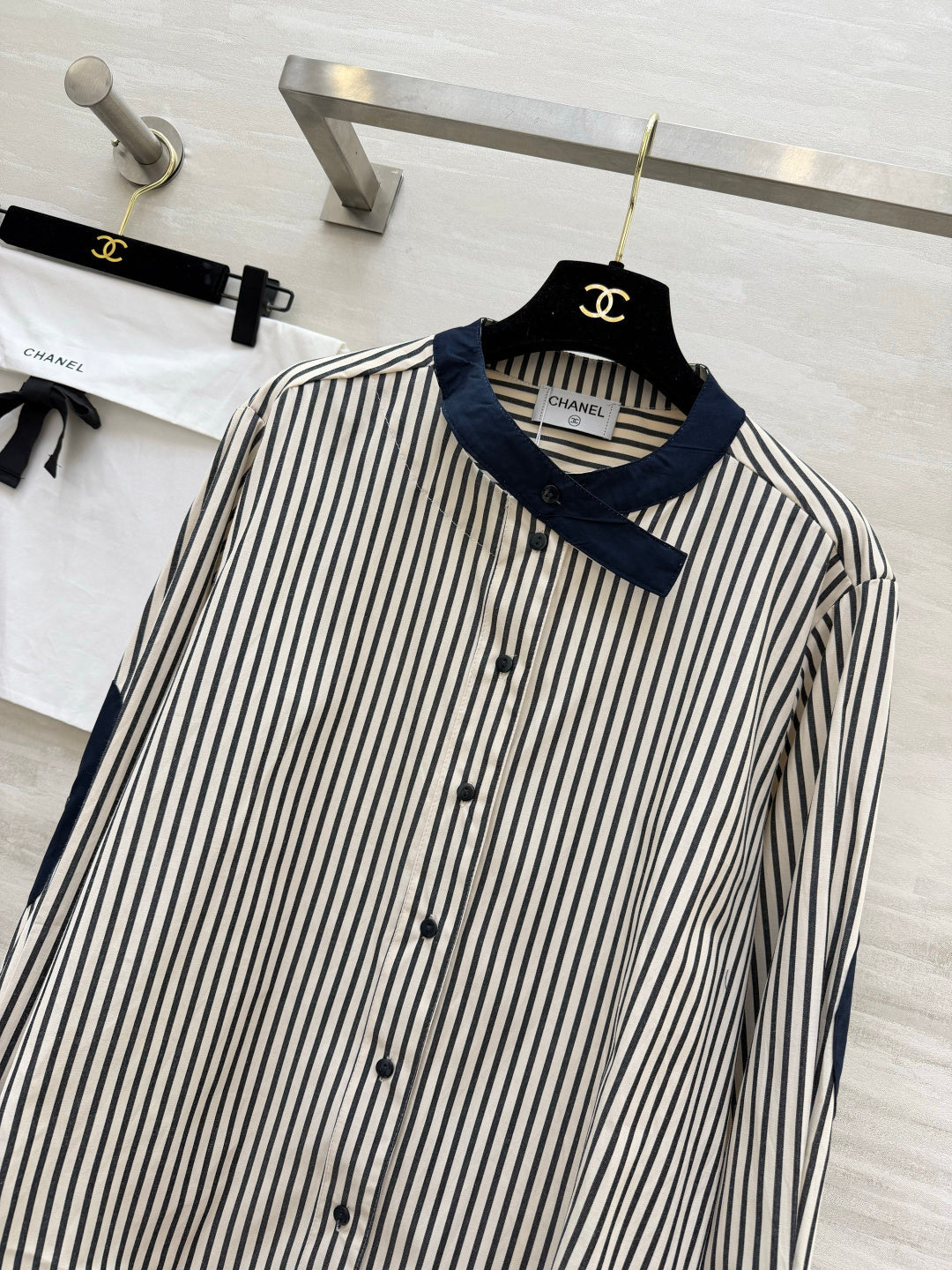 Chanel 2026 Striped Shirt Black White Blue Cotton 391144