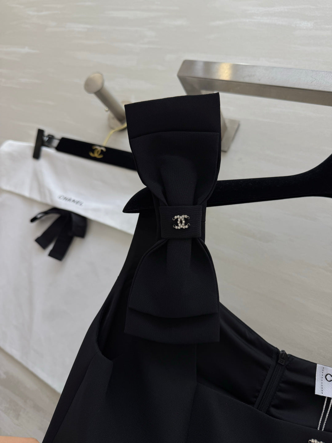 Chanel 2026 Bow-Tie Strap Slip Dress Black Cotton 392940