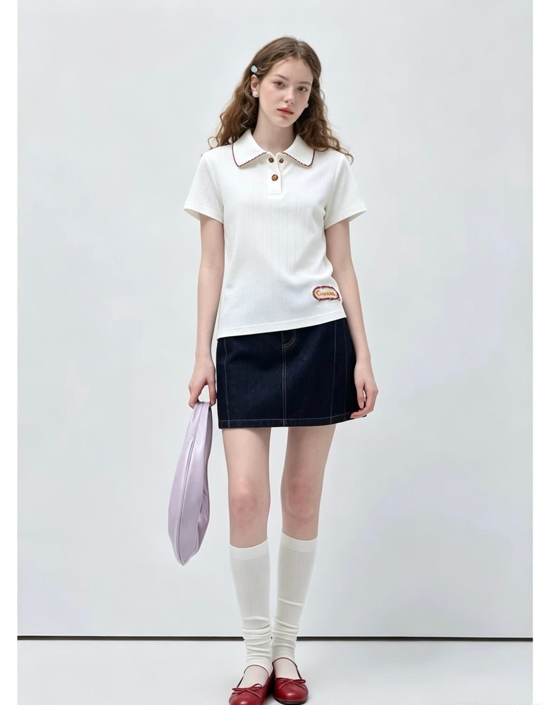 Chanel 2026 Red-Trimmed Peter Pan Collar Polo Short-Sleeve White Cotton 666394