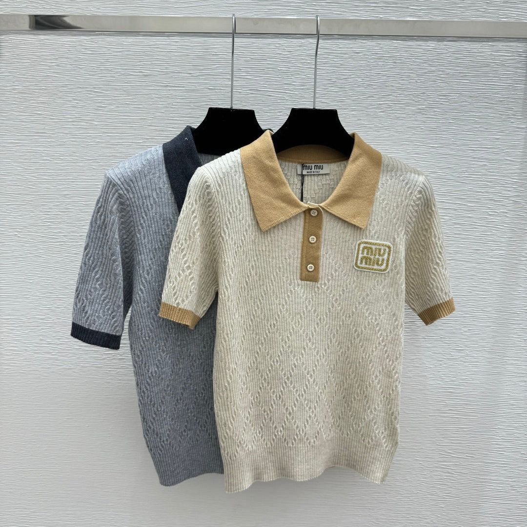Miumiu 2026 Short-sleeved Knit Polo Shirt Beige and Gray Wool