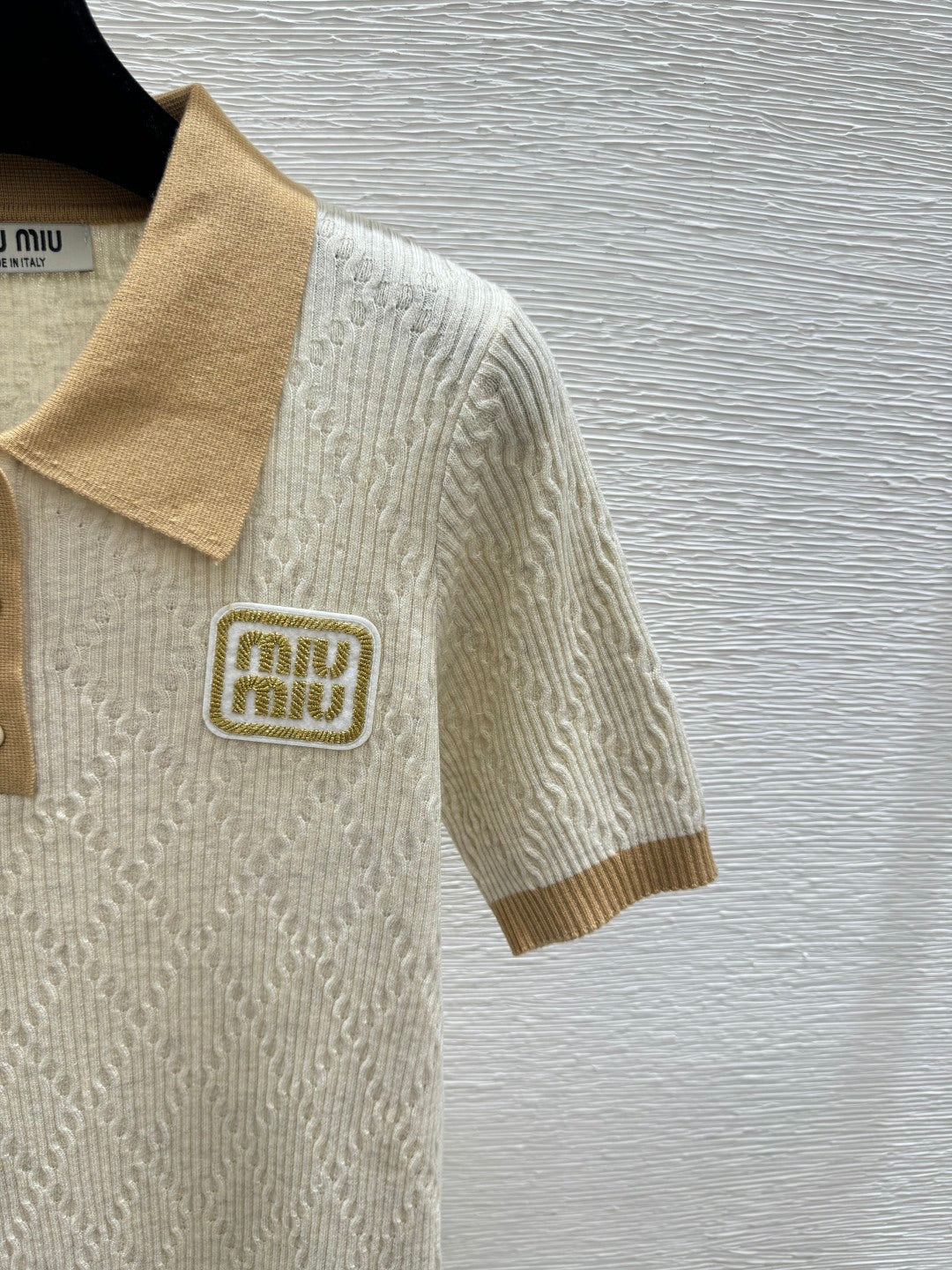 Miumiu 2026 Short-sleeved Knit Polo Shirt Beige and Gray Wool
