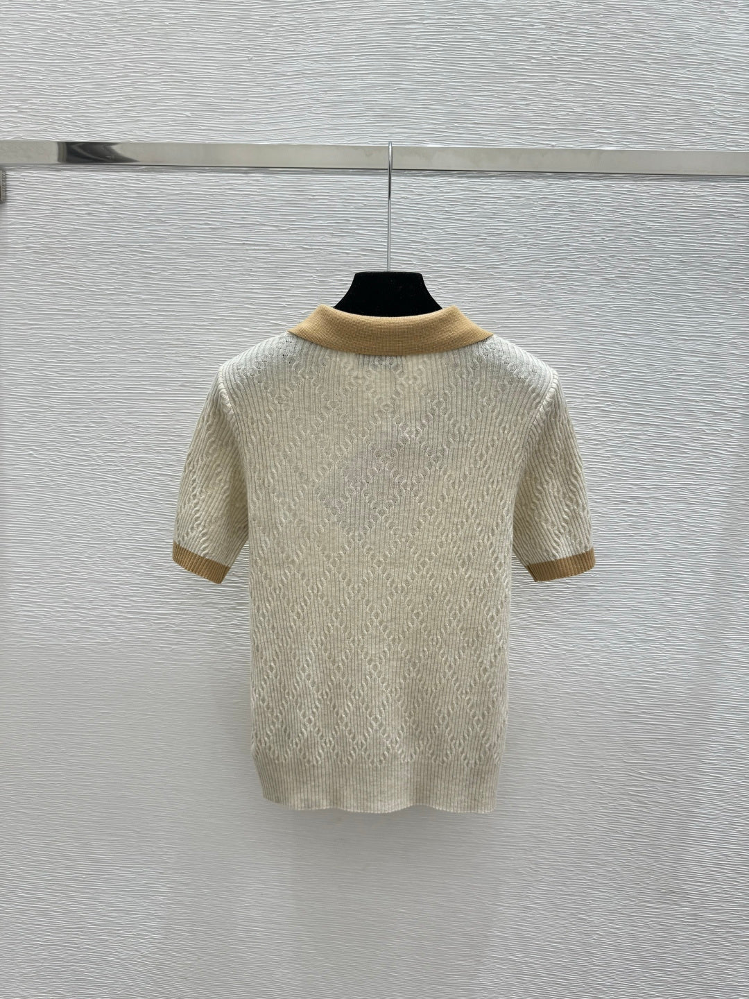 Miumiu 2026 Short-sleeved Knit Polo Shirt Beige and Gray Wool