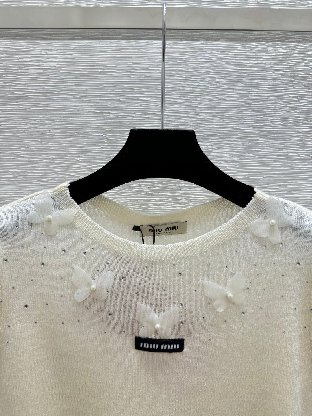 Miumiu 2026 Butterfy Short-sleeve Top Yellow Cream Pink Wool Silk