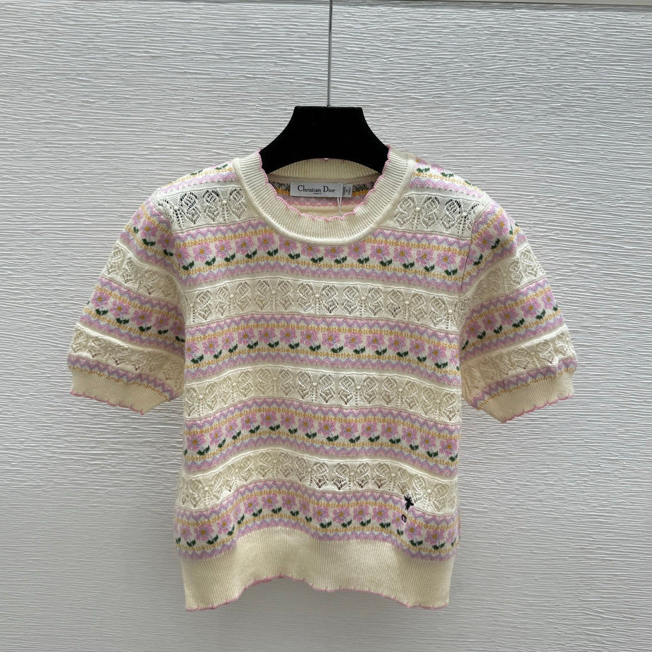 Dior 2026 Short-sleeve Knit Sweater Pink Cream Wool