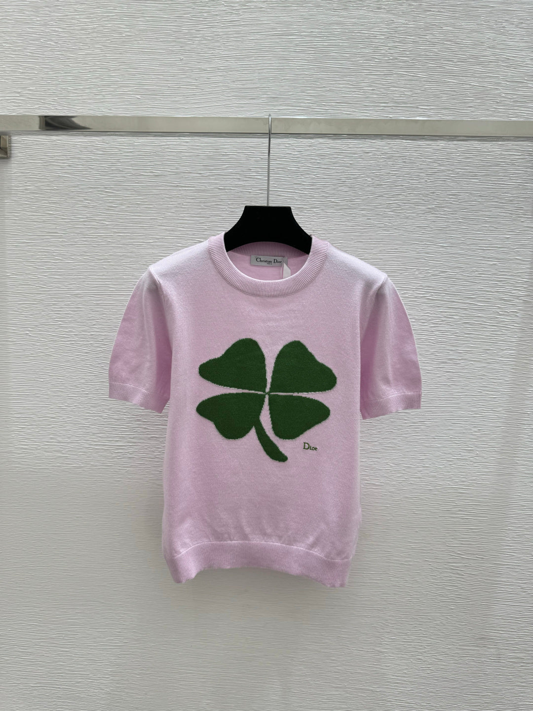 Dior 2026 Clover Embroidery T-shirt White and Pink Wool