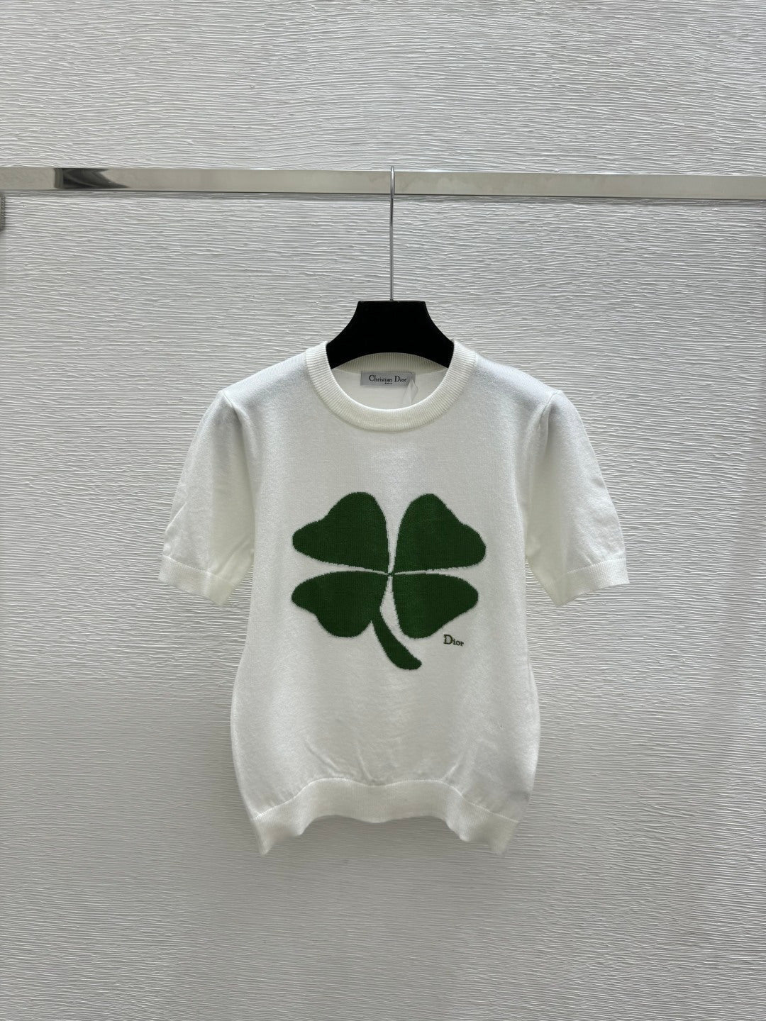 Dior 2026 Clover Embroidery T-shirt White and Pink Wool