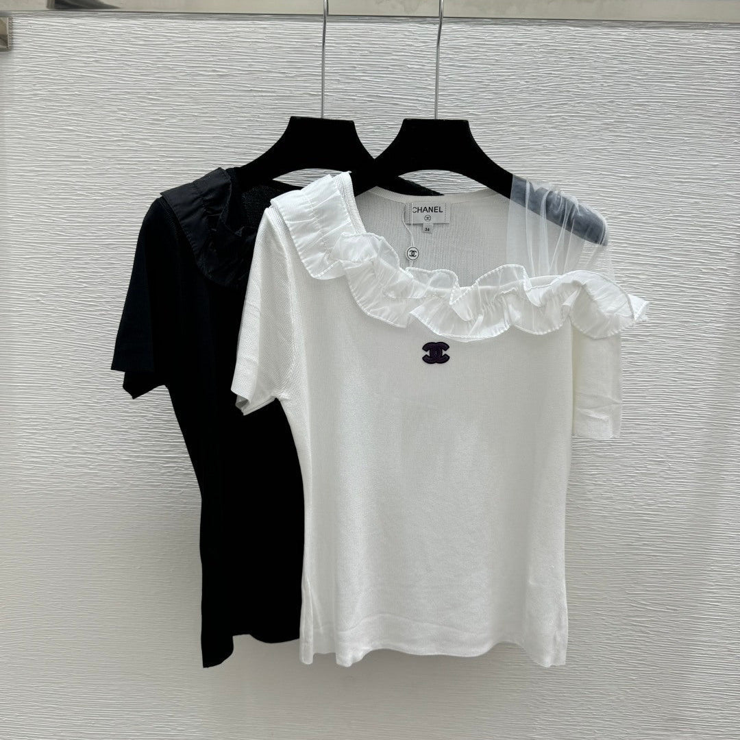 Chanel 2026 Ruffled Neckline Knit Top Black White Wool Nylon