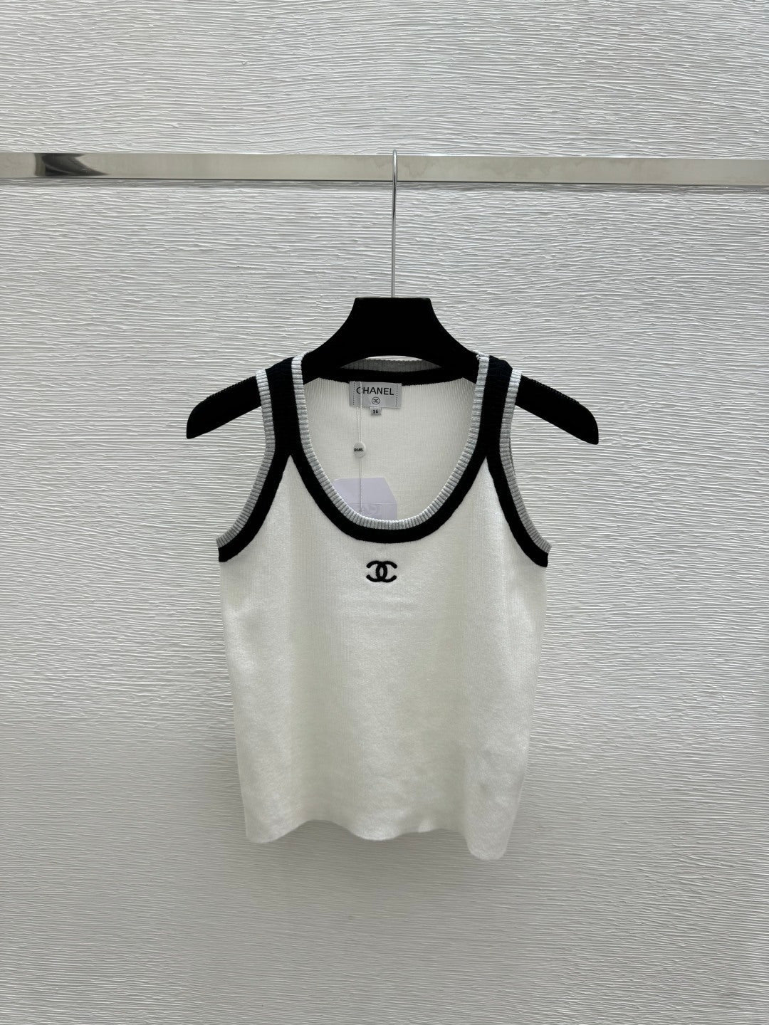 Chanel 2026 Tank Top White and Navy Blue Wool Nylon