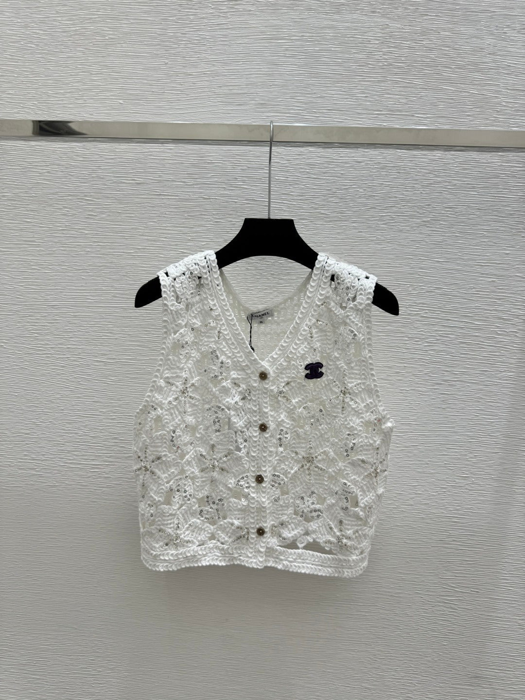 Chanel 2026 Hollow-out V-neck Knitted Vest Cardigan White Khaki Cotton