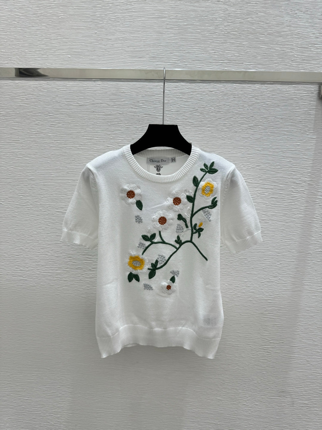 Dior 2026 Floral Crew Neck Knitted Short-Sleeve Top White and Pink Wool