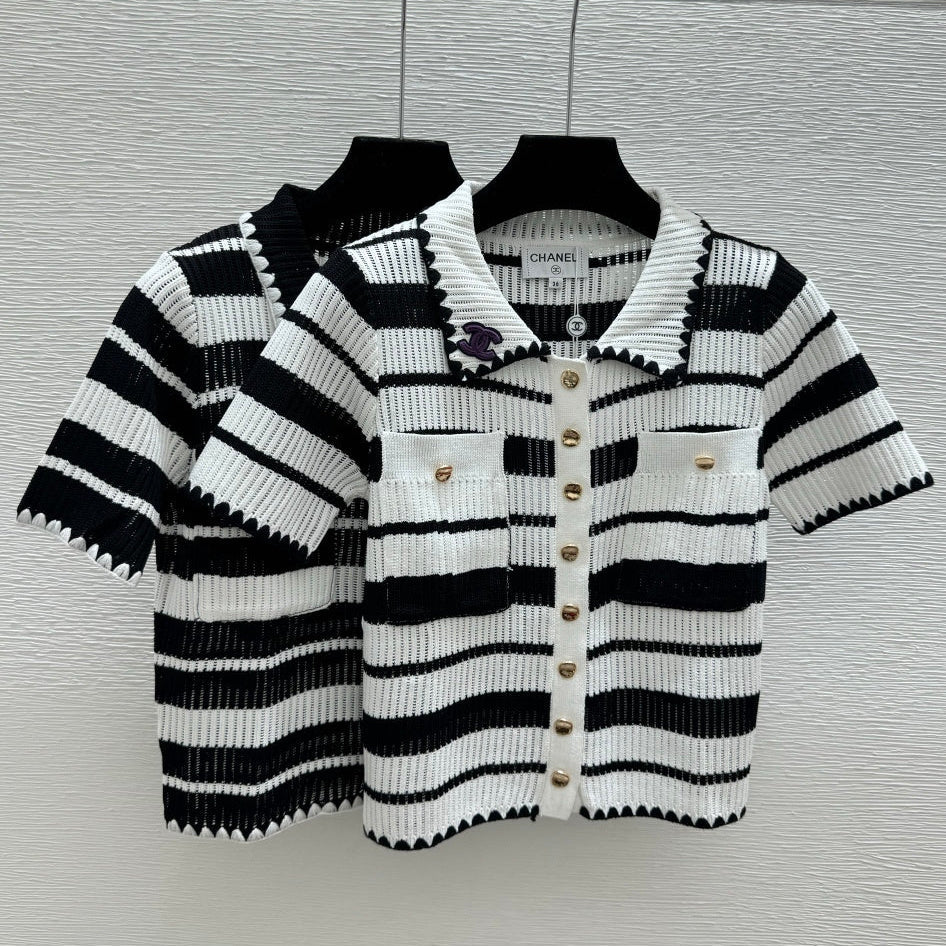 Chanel 2026 Striped Collared Knitted Short-Sleeve Cardigan 170591