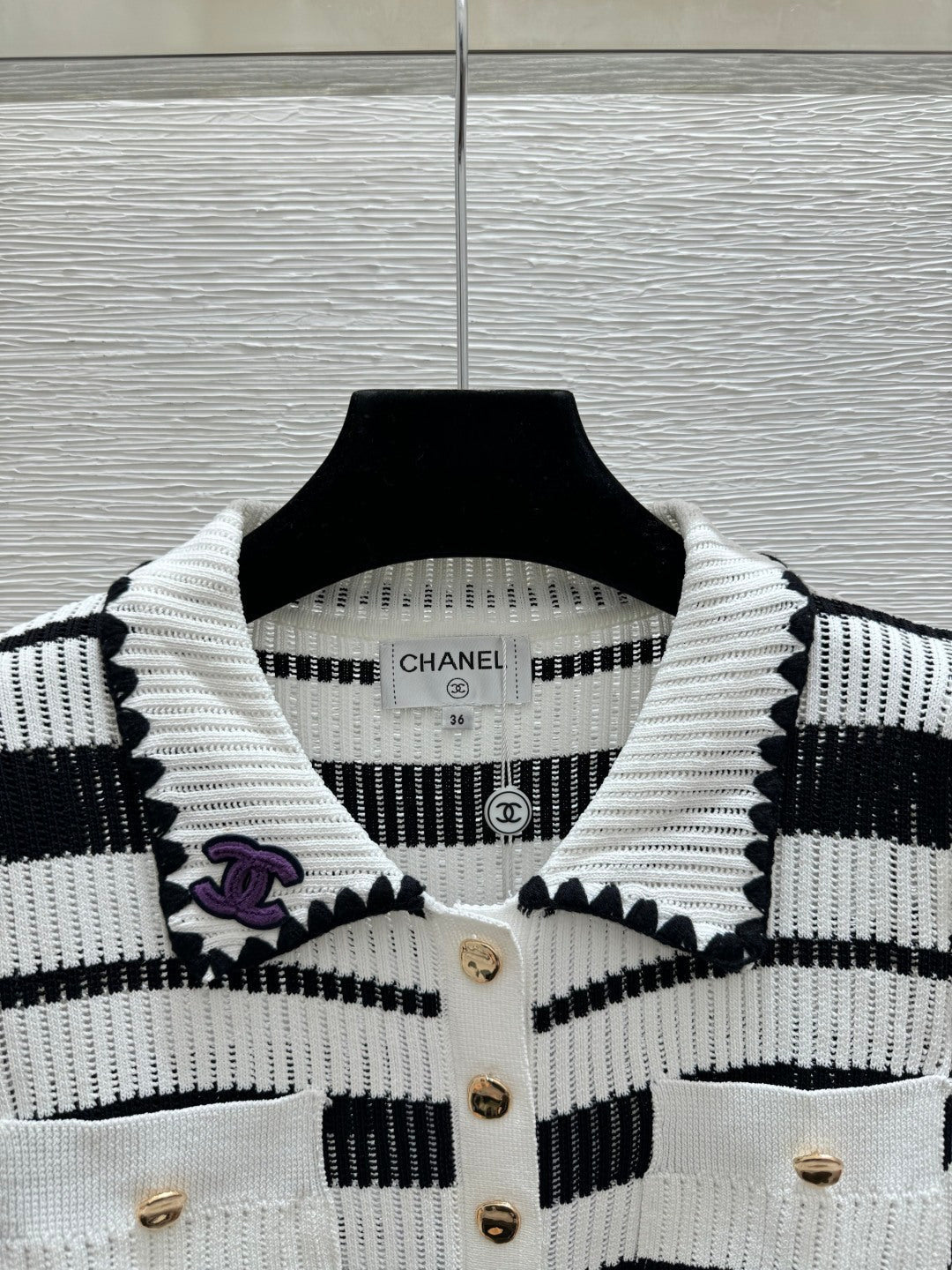 Chanel 2026 Striped Collared Knitted Short-Sleeve Cardigan 170591