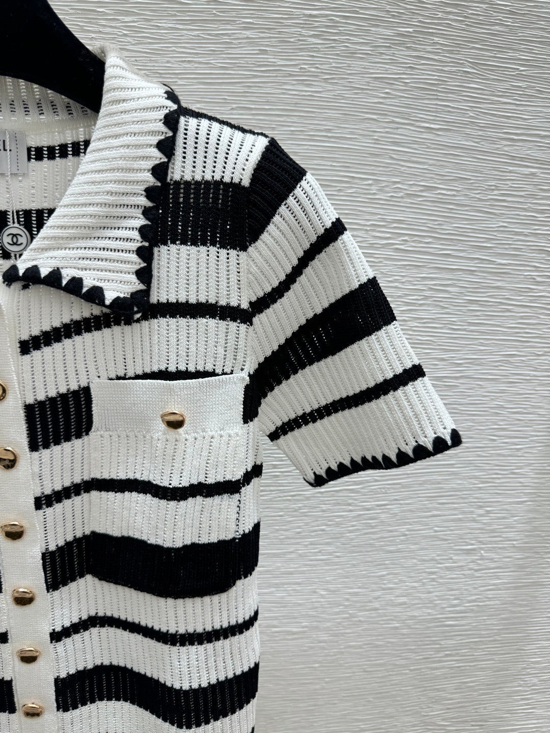 Chanel 2026 Striped Collared Knitted Short-Sleeve Cardigan 170591
