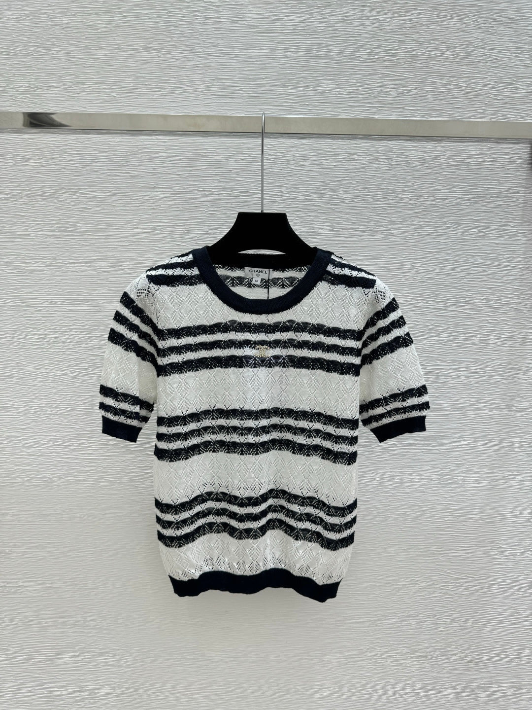 Chanel 2026 Striped Knit Short-sleeved Top Blue and Black Wool Cashmere 368362
