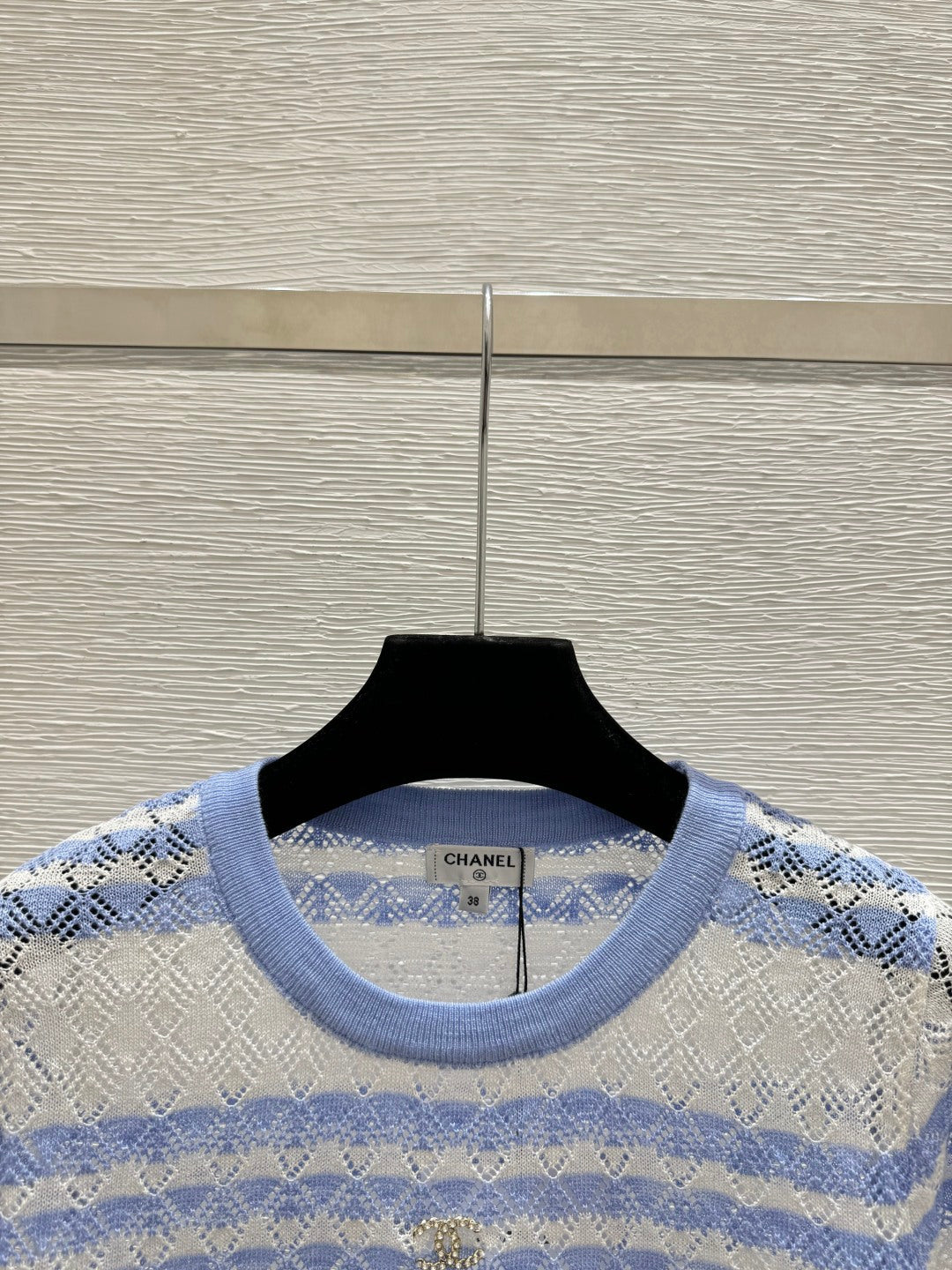 Chanel 2026 Striped Knit Short-sleeved Top Blue and Black Wool Cashmere 368362
