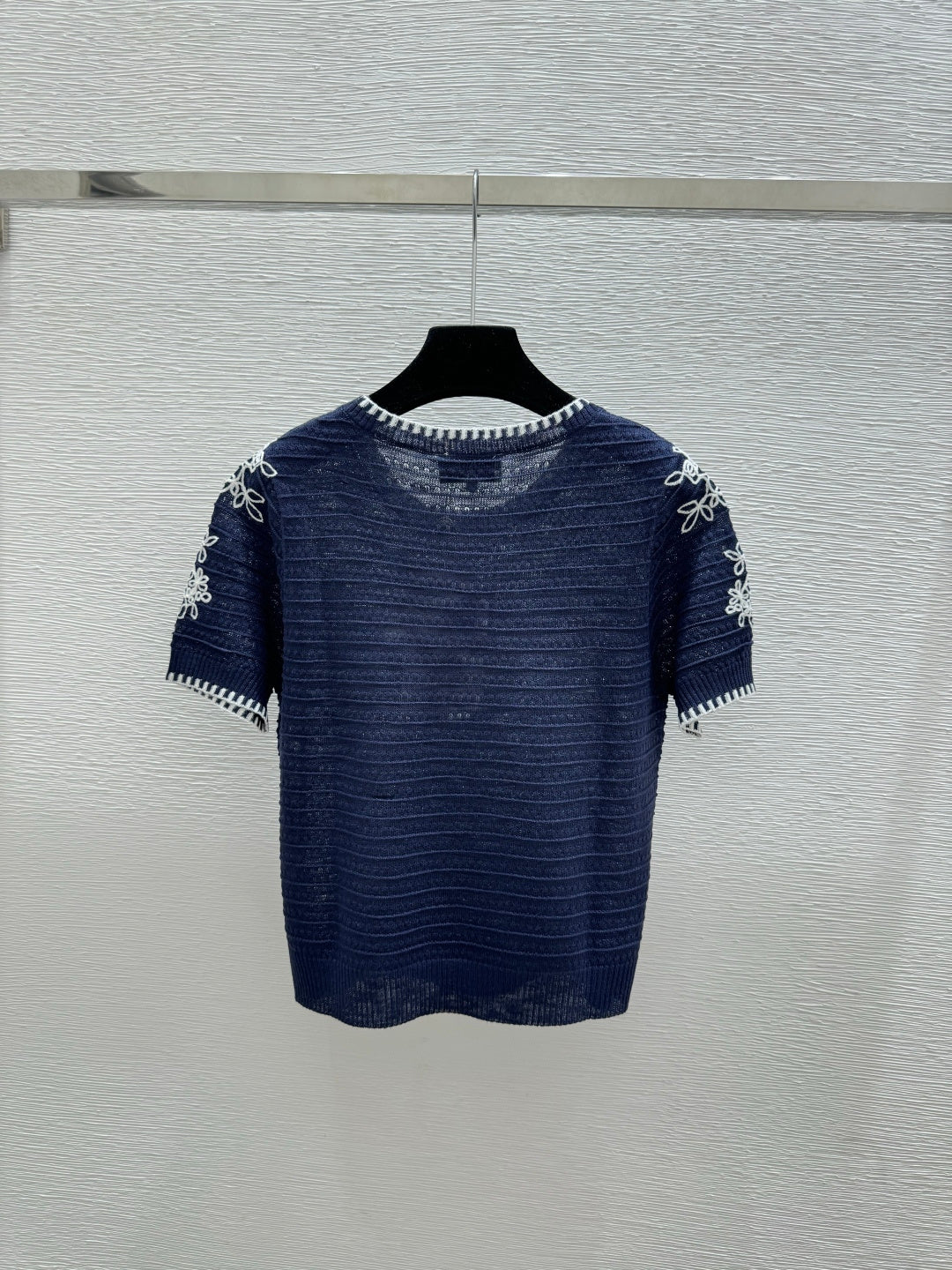 Chanel 2026 Short-sleeved Shirt White and Navy Blue Tencel Wool 294572
