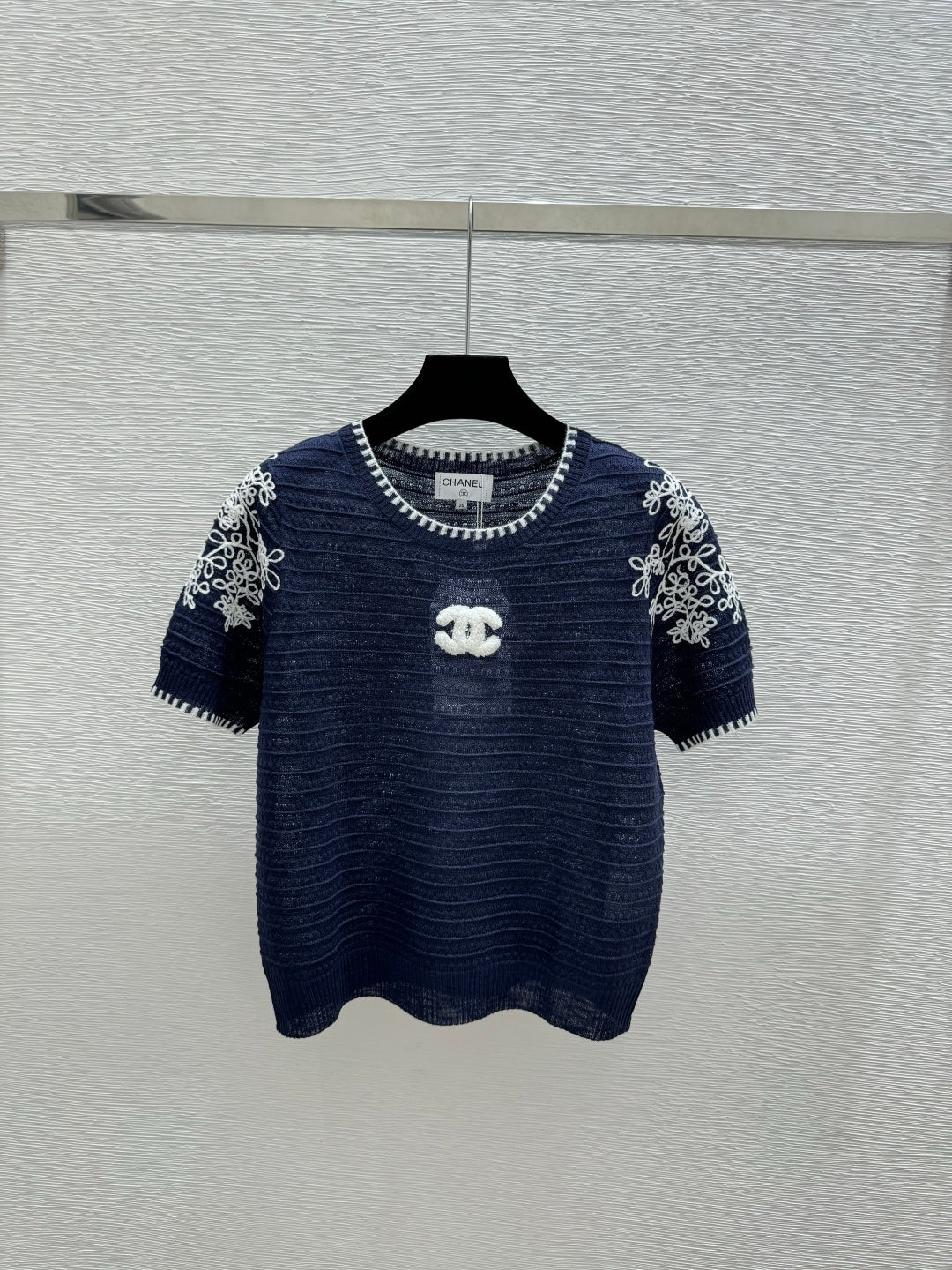 Chanel 2026 Short-sleeved Shirt White and Navy Blue Tencel Wool 294572